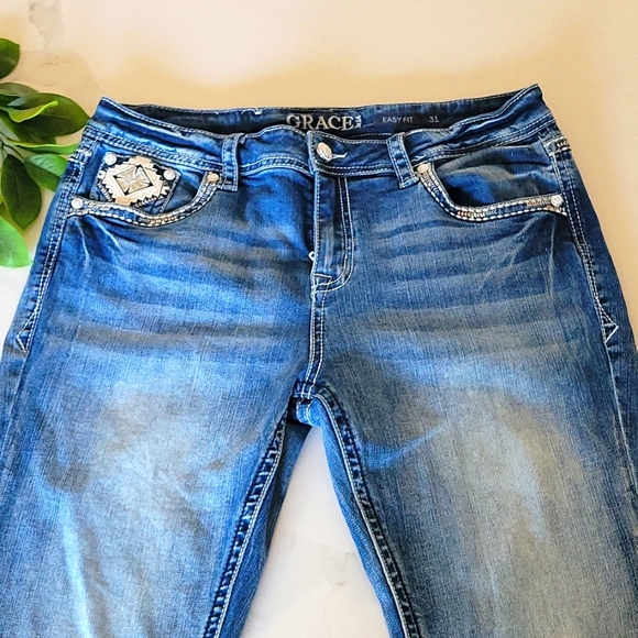 Grace Medium Wash Jeans embroidery Bling Pockets - Picture 2 of 14